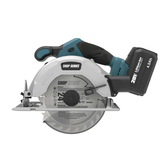 Shop Series SS2827 20V Cordless Battery Powered Circular Saw, 4 Ah 6-1/2 in Dia Blade 0 to 50 deg Bevel Battery & Charger Included