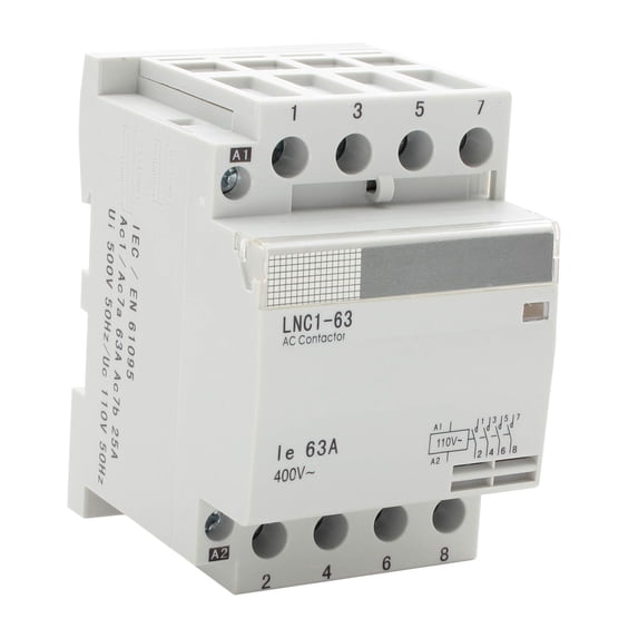 Shopcorp 63 Amp 4 Pole Normally Open IEC 400V Contactor (Silent Operation) – 110/120VAC Coil, Motor Load 40A and Lighting Load 63A with Mounting Base for DIN Rail