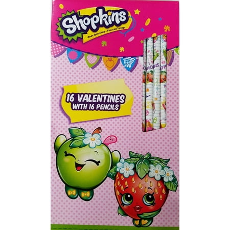 Shopkins Valentine Cards - 16 Cards With 16 Pencils