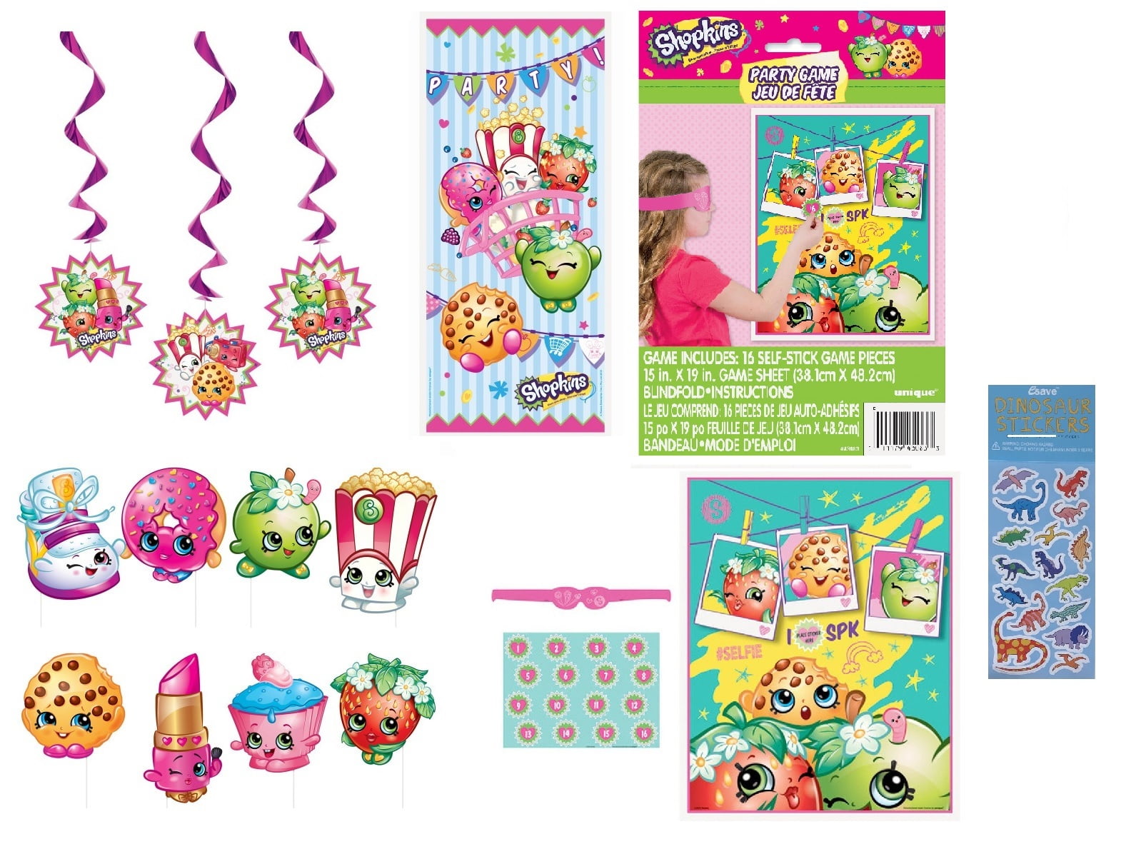 Shopkins Birthday Party Supplies Bundle Pack includes 3 Hanging Swirl Decorations, 1 Plastic Door Poster, 8 Photo Props, 1 Party Game for up to 16 Players (4 Packs)
