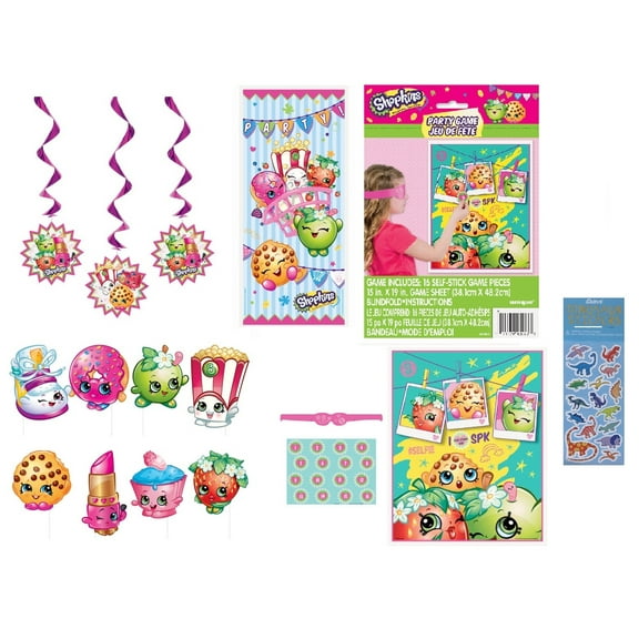 Shopkins Birthday Party Supplies Bundle Pack includes 3 Hanging Swirl Decorations, 1 Plastic Door Poster, 8 Photo Props, 1 Party Game for up to 16 Players (4 Packs)