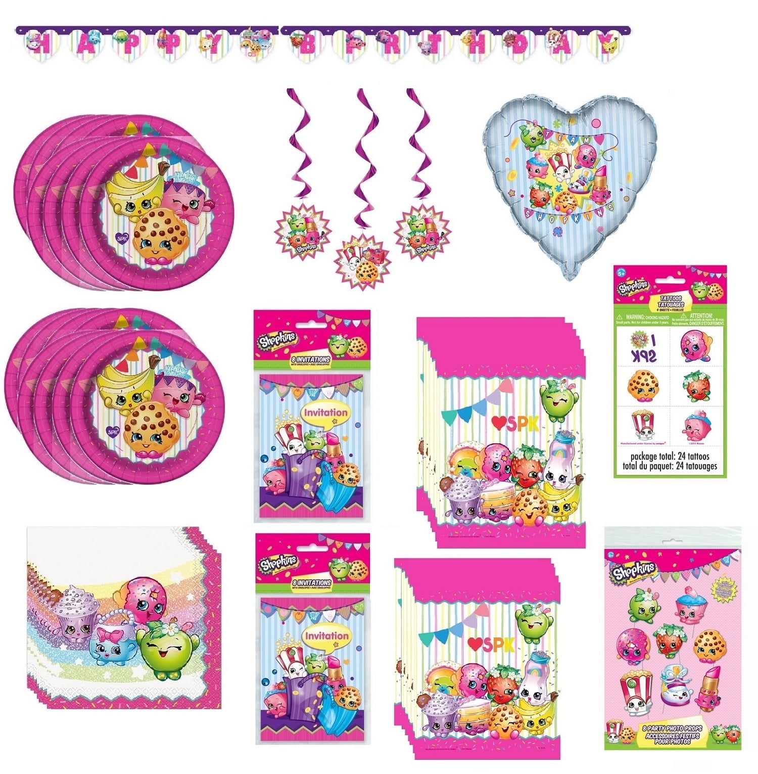 Shopkins Birthday Party Supplies Bundle includes 16 Plates 7", 16 Napkins 5", 8 Photo Props, 3pc Hangings Swirl, 1 Banner, 16 Party Invitations, 16 Loot Bags, 24 Tattoos, 1 Mylar Foil Balloon 28"