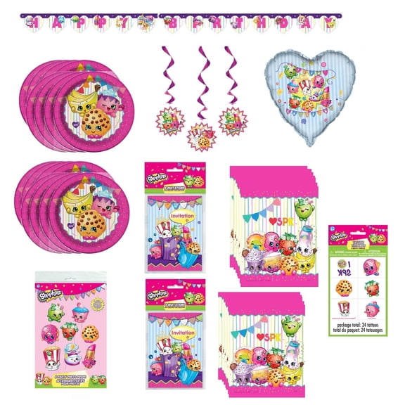 Shopkins Birthday Party Supplies Bundle includes 16 Plates 7", 8 Photo Props, 3pc Hangings Swirl, 1 Banner, 16 Party Invitations, 16 Loot Bags, 24 Tattoos, 1 Mylar Foil Balloon 28"