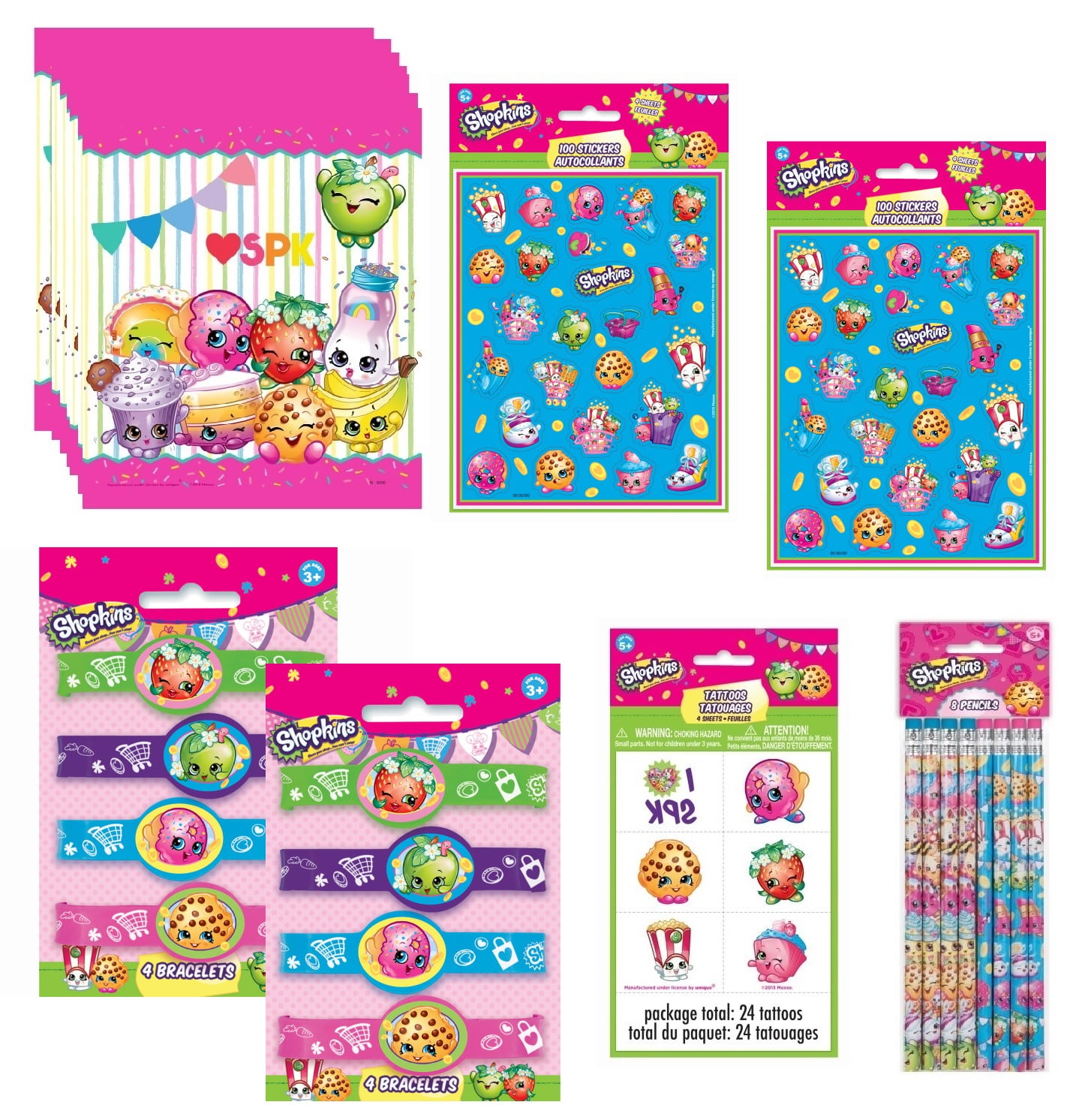 Shopkins Birthday Party Supplies Favor Bundle includes 8 Loot Bags, 8 Rubber Bracelets, 24 Tattoos, 8 Sticker Sheets, 8 Pencils