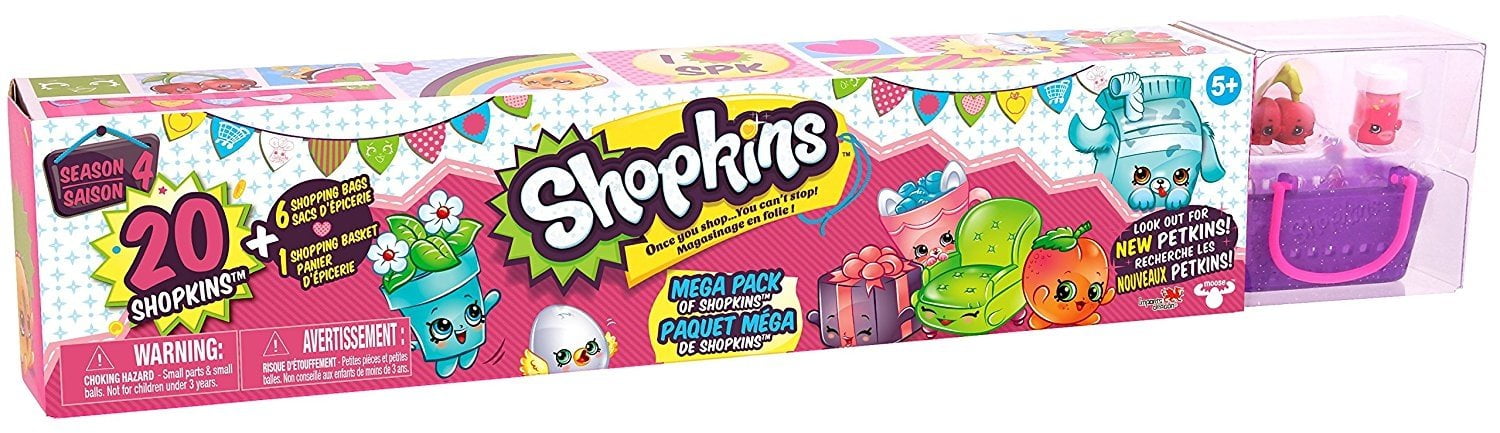 Shopkins Season 4 Mega Pack Bundle of 20 Shopkins, 6 Shopping Bags, 1  Shopping Basket and 1 Collectors Guide