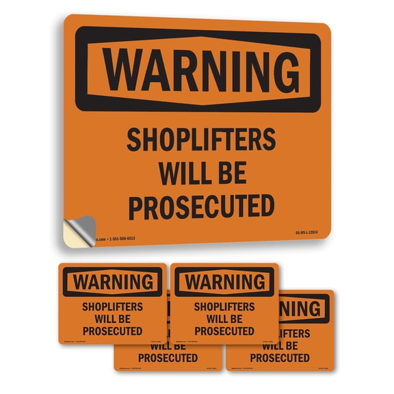 Shoplifters Will Be Prosecuted OSHA WARNING Vinyl Decal Label 5 Inch x 3.5 Inch - 5 Pack