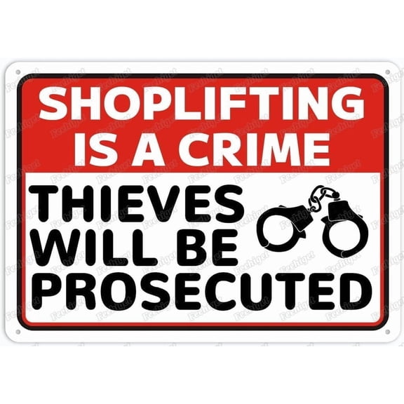 Shoplifting Is A Crime Prosecuted Rustic Metal Tin Sign, Outdoor Wall Decor For Cafe Bar Kitchen, Retail Security Sign, 8x12 Inch