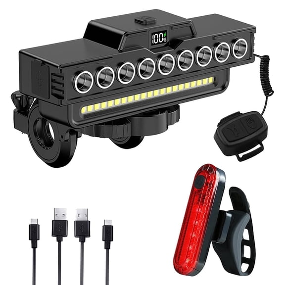 Shopmall Bicycle Headlight And Taillight Set With Digital Battery Display, Rechargeable 3000mAH 7-Level Adjustment Ultra-Bright Bicycle Lights With Horn For Night Riding, Black