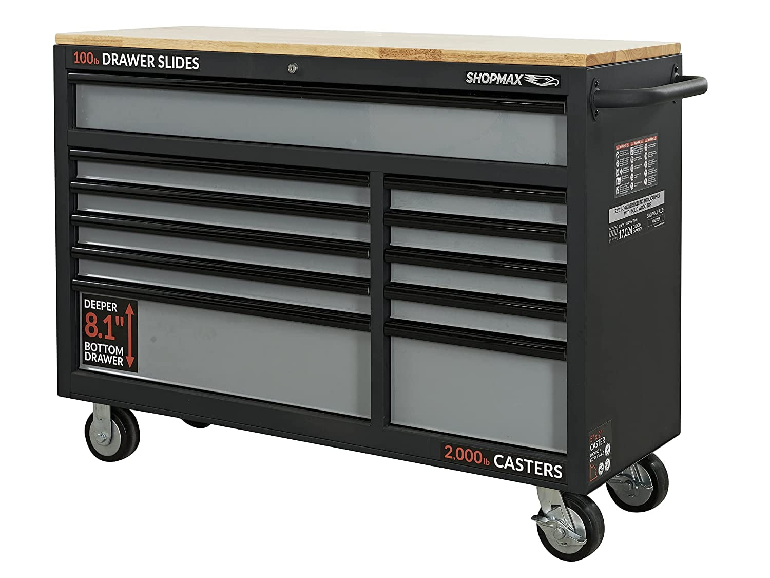 Shopmax 52 in. 11 Drawer Mobile Workstation With Solid Wood Top