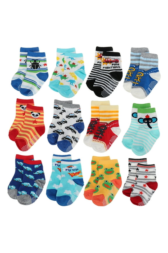 12 Pairs Baby Boy Crew Socks with Grips Anti-Slip Non-Skid Grippers for Infant Kids Toddlers 2T and 3T Walkers 12-24 up to 36 Months BB14B