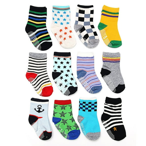 ShoppeWatch 12 Pairs Baby Toddler Socks Unisex with Grips Anti-Slip Non-Skid Grippers for Kids Infant 2T and 3T Walkers 12-24 BB41B