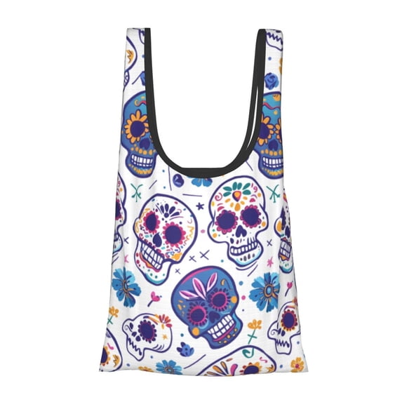 Shopping Bag 17.5×4.5×15in Crack Resistant Waterproof Super Large Capacity Reusable Extended Handle Can Be Carried Or One Shoulder Festive Cute Sugar Skulls (4)