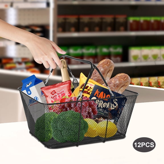 Shopping Basket Set of 12, 5Gal Galvanized Iron Baskets, Stackable Grid Design for Supermarkets/Retail Stores