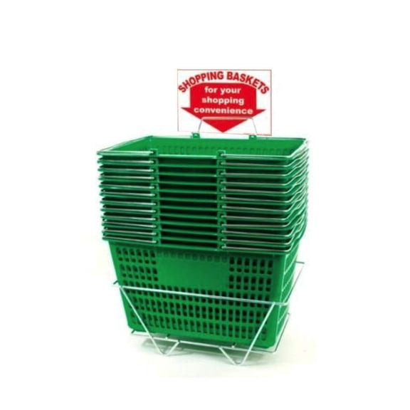 Shopping Basket Set of 12 Durable Green Plastic with Sign and Stand