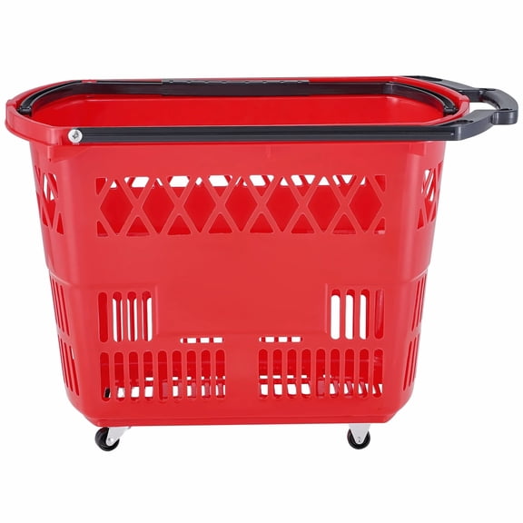 Shopping Baskets 6-Pack, 39L Rolling Shopping Carts with Wheels, Plastic Grocery Baskets with Handles, Large Portable Shopping Baskets for Supermarkets & Retail - Red