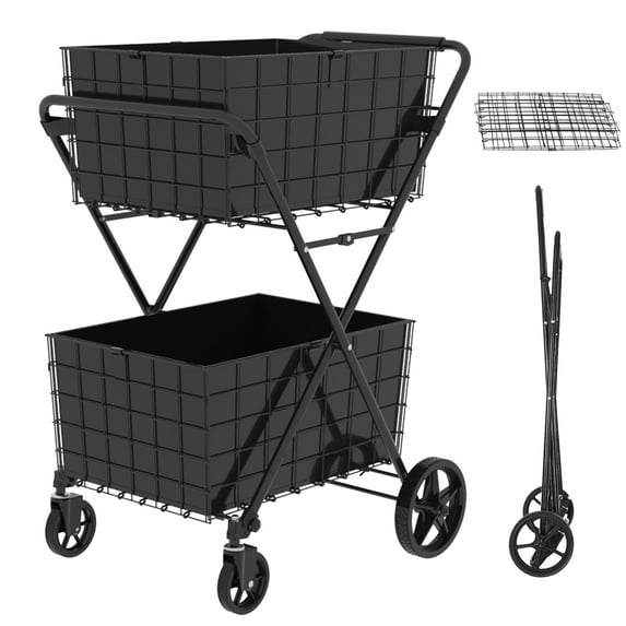 Shopping Cart,2 Layers Grocery Cart on Wheels,Foldable Utility Shopping Carts with Double Basket and 360° Rolling Swivel Wheels