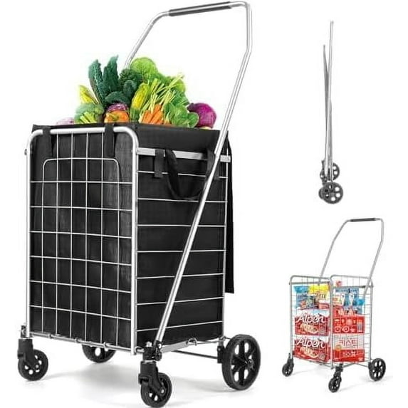 Shopping Cart with 360° Rolling Swivel Wheels, Portable Utility Cart for Grocery, Folding Shopping Cart with Waterproof Basket Liner, Collapsible Cart 120lbs, Sliver