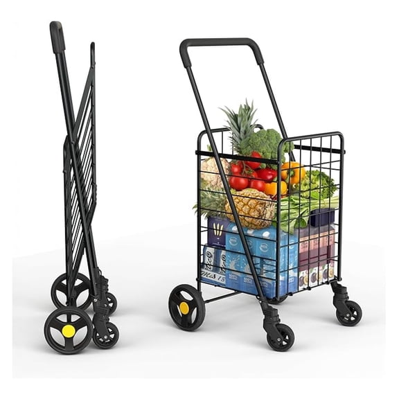 Shopping Cart & 360 Swivel Wheels | Foldable Collapsible & Lightweight | Perfect for Groceries Laundry Utility Cart - Black