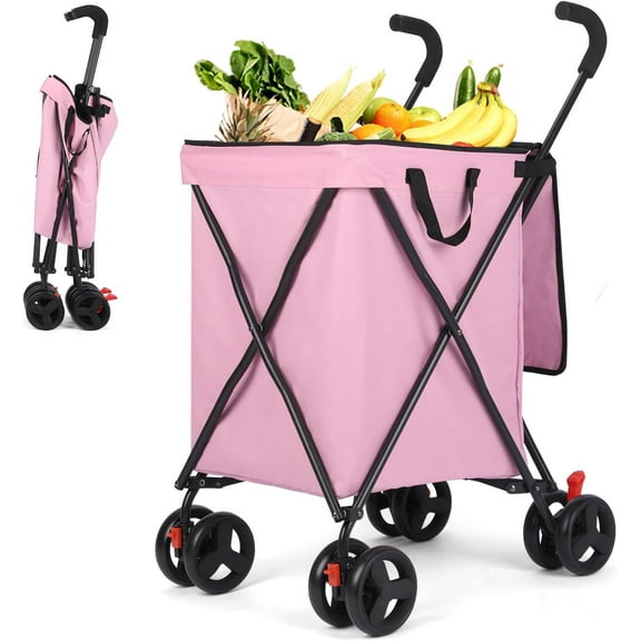 Shopping Cart, Collapsible Folding Utility Wagons Carts Heavy Duty, Large Capacity 120lbs, Minimalist, with All-Terrain Big Wheels for Outdoor Camping Shopping Sports Garden (Pink)