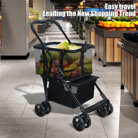 Shopping Cart, Collapsible Utility Trolley Cart, Detachable Carry Bag with Wheels, Stroller Foldable Personal Shopping Cart-Black,1 Set