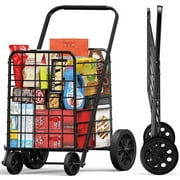 Shopping Cart for Groceries with 176LBS 91L Large Capacity, Heavy Duty Grocery Cart with Wheels, Folding Utility Shpping Cart on Wheels for Groceries, Laundry, Pantry, Garage
