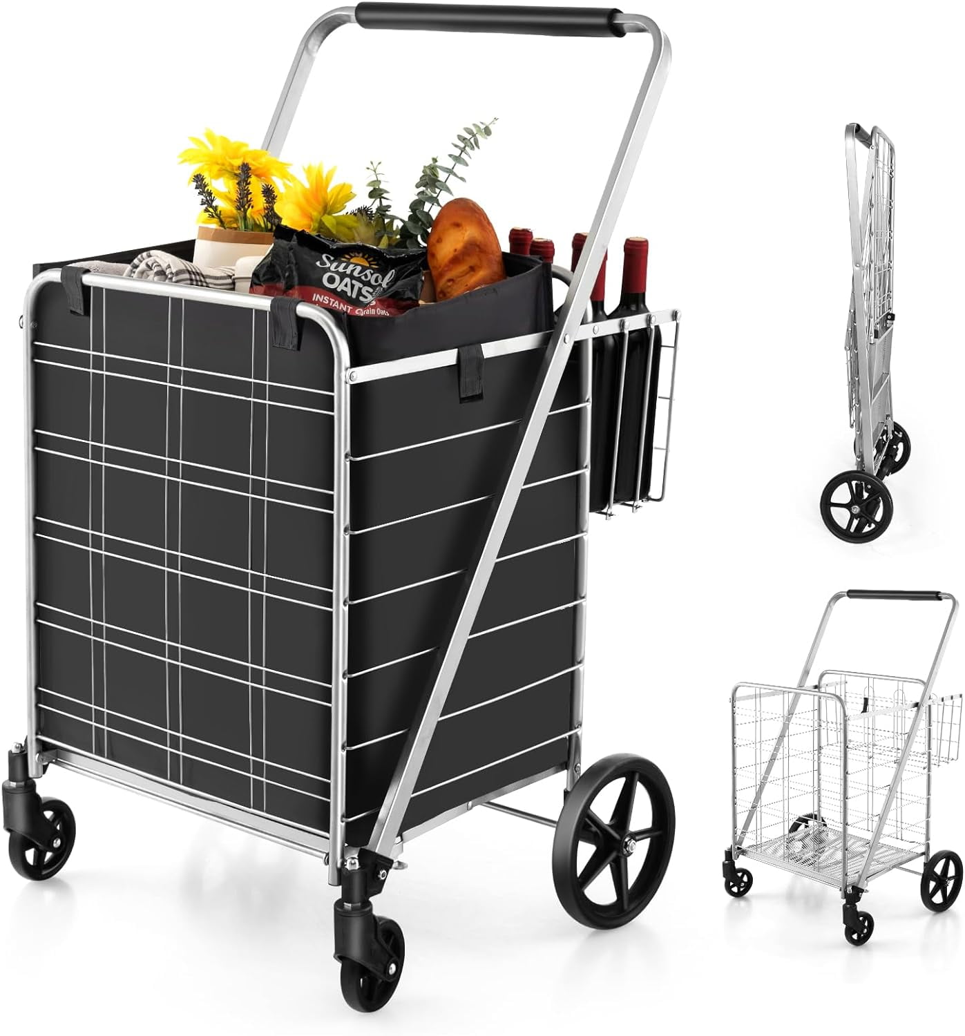 Shopping Cart for Groceries Jumbo Upgraded Folding Grocery Cart with Waterproof Liner 330 LBS Weight Capacity 360 Rolling Swivel Wheels and Double Basket Heavy Duty Foldable Utility Cart Walmart