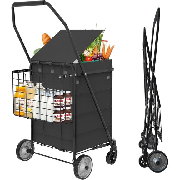 Shopping Cart Grocery Cart on Wheels - Waterproof Bag Included, 10-min Assembly Utility Wagon, Lightweight Shopping Cart with 360 Swivel Wheels for Grocery, Apartments, Laundry, Max Load 100 lbs