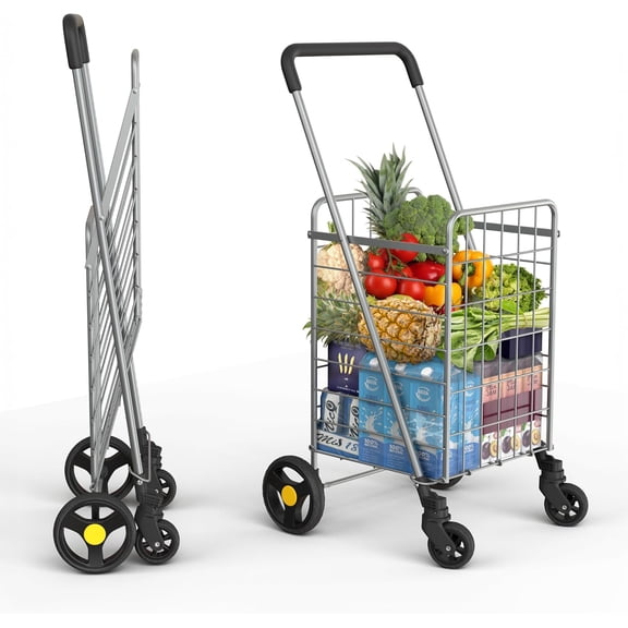 Shopping Cart & Large 360° Swivel Wheels | Foldable Collapsible & Lightweight | Perfect for Groceries Laundry Utility Cart - Silver