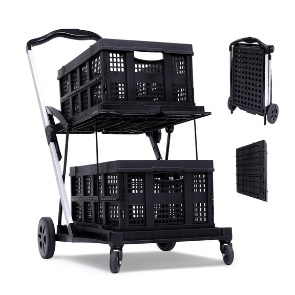 Shopping Cart with Storage Crates, Multi Use Collapsible Cart with 360° Rolling Swivel Wheels, Heavy Duty Folding Trolley for Shopping, Picnic and Office