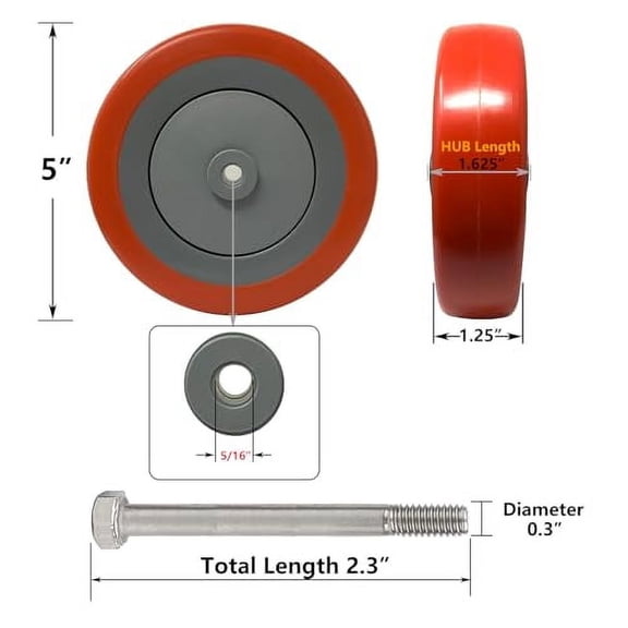 Shopping Cart Wheel, 5" Diameter X 1-1/4" Width Polyurethane Wheel, 5/16" Axle Diameter, 5 Inch Caster Wheel Replacement, Red(10 Pack)