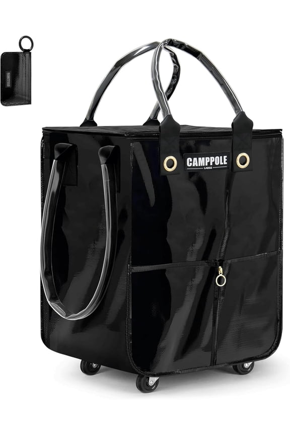 Shopping Cart on Wheels with Card Holder, Folding Reusable Grocery Bag, Lightweight Rolling Tote, Waterproof Black Bag for Travel, Moving, and Camping, Holds up to 66 lbs