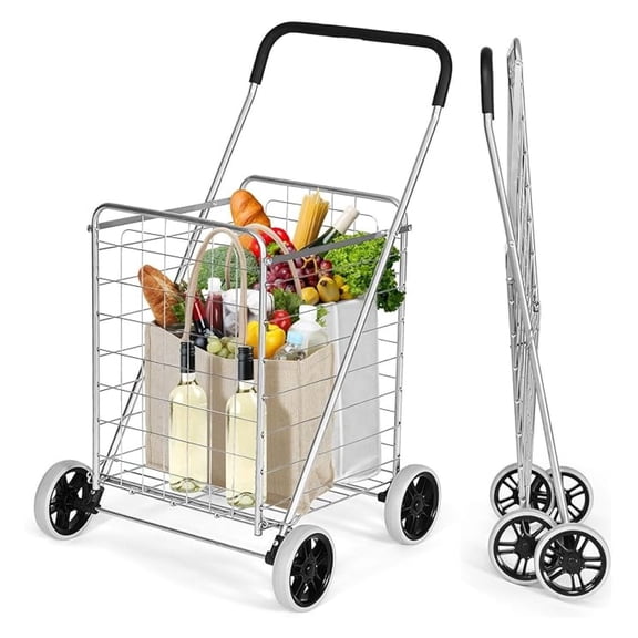 Shopping Cart with Wheels, Folding Grocery Cart with Metal Frame, Foam Wrapped Handle, Versatile Rolling Cart with Basket, Lightweight Compact Utility Cart for Groceries, Laundry (Silver)