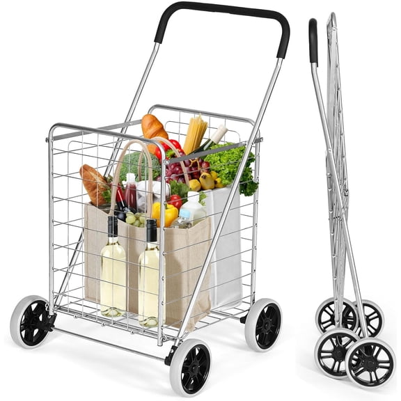 Shopping Cart with Wheels, Folding Grocery Cart with Metal Frame, Foam Wrapped Handle, Versatile Rolling Cart with Basket, Lightweight Compact Utility Cart for Groceries, Laundry (Silver)