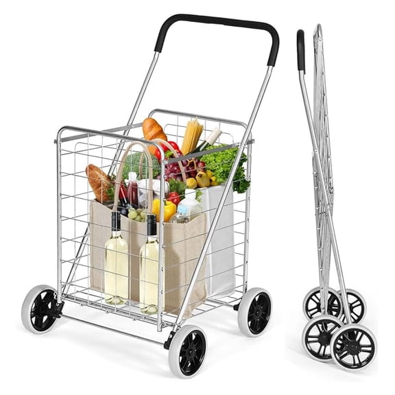 Shopping Cart with Wheels, Folding Grocery Cart with Metal Frame, Foam Wrapped Handle, Versatile Rolling Cart with Basket, Lightweight Compact Utility Cart for Groceries, Laundry (Silver)
