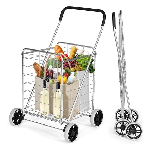 Shopping Cart with Wheels, Folding Grocery Cart with Metal Frame, Foam Wrapped Handle, Versatile Rolling Cart with Basket, Lightweight Compact Utility Cart for Groceries, Laundry (Silver)