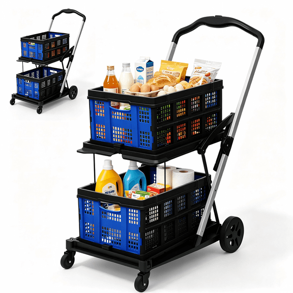 Shopping Cart on Wheels, Folding Shopping Cart with 360° Swivel Wheels,Blue