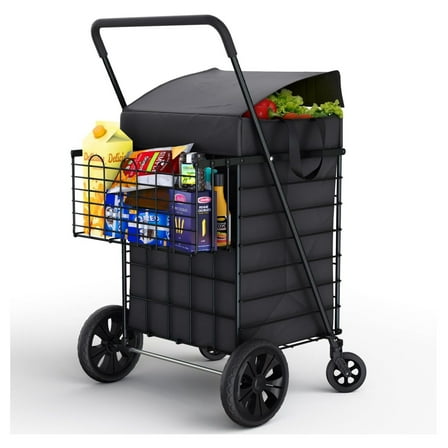 Shopping Cart w/Waterproof Basket Liner & 360° Swivel Wheels | Foldable Collapsible & Lightweight | Perfect for Groceries Laundry Utility Cart - Black