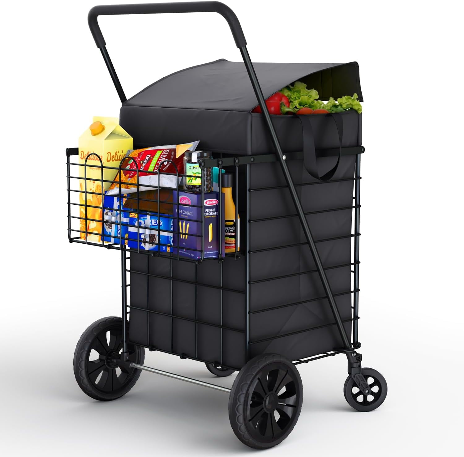 Lifetime Appliance Parts Shopping Cart w/ 360° Swivel Wheels & Waterproof Basket Liner for Shopping Laundry - Foldable Collapsible & Lightweight - Extra Large Heavy Duty Utility Cart - Silver