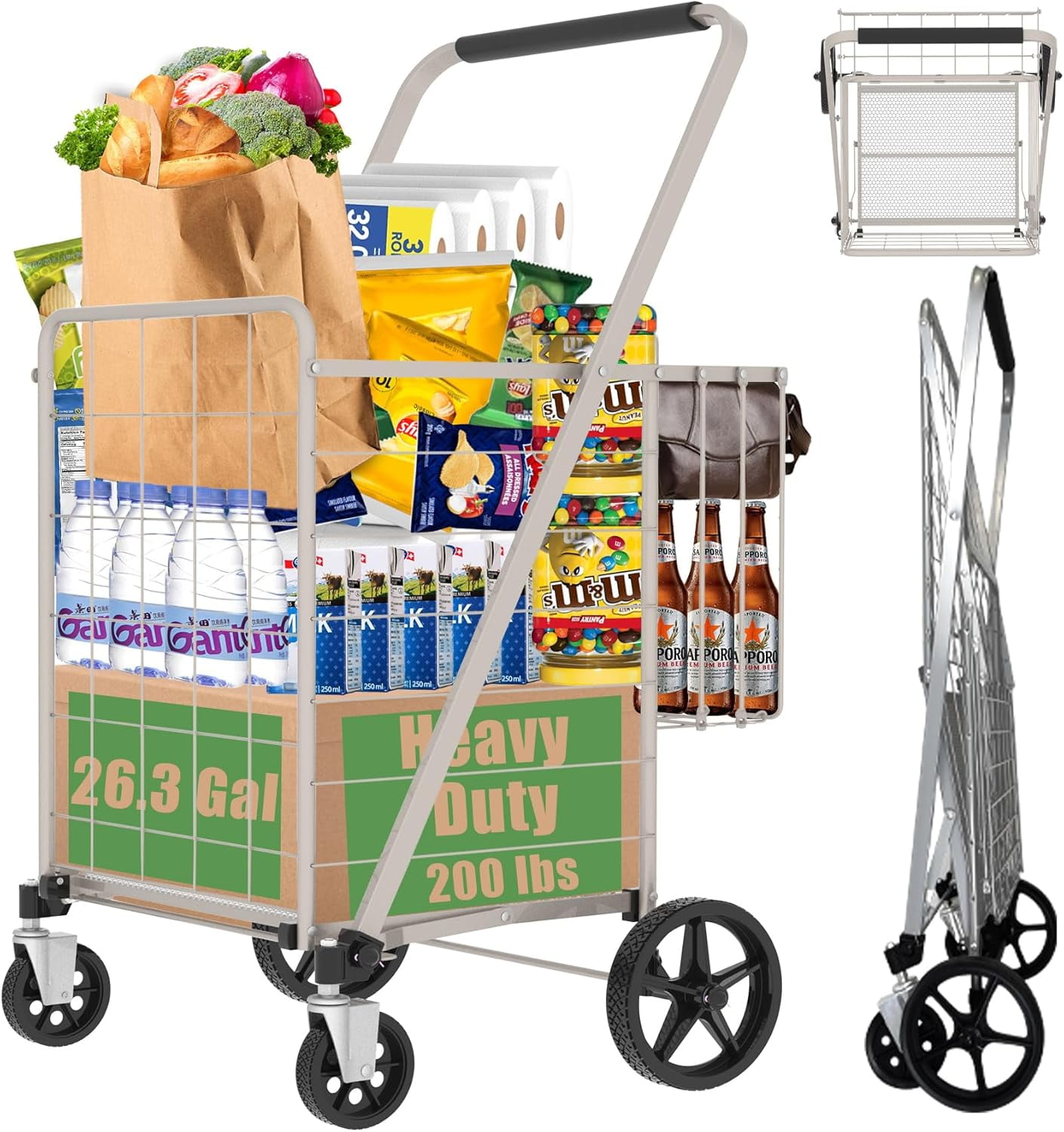 Shopping Carts for Groceries, 320lbs Jumbo Grocery Cart with Waterproof Liner & Double Basket, Foldable Shopping Cart with 360° Swivel Wheels, Dense Metal Mesh Base Utility Carts for Condo/Laundry