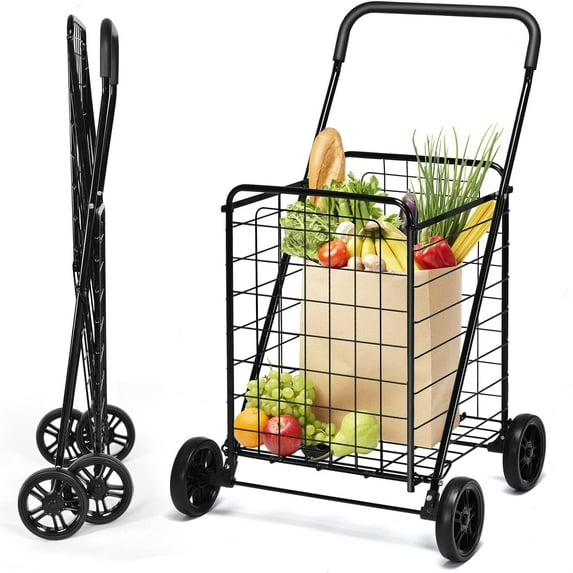 Shopping Carts for Groceries, Heavy Duty Grocery Cart, Portable Foldable Shopping Cart, Versatile Rolling Cart for Grocery Store, Supermarket and Laundry Room, Black