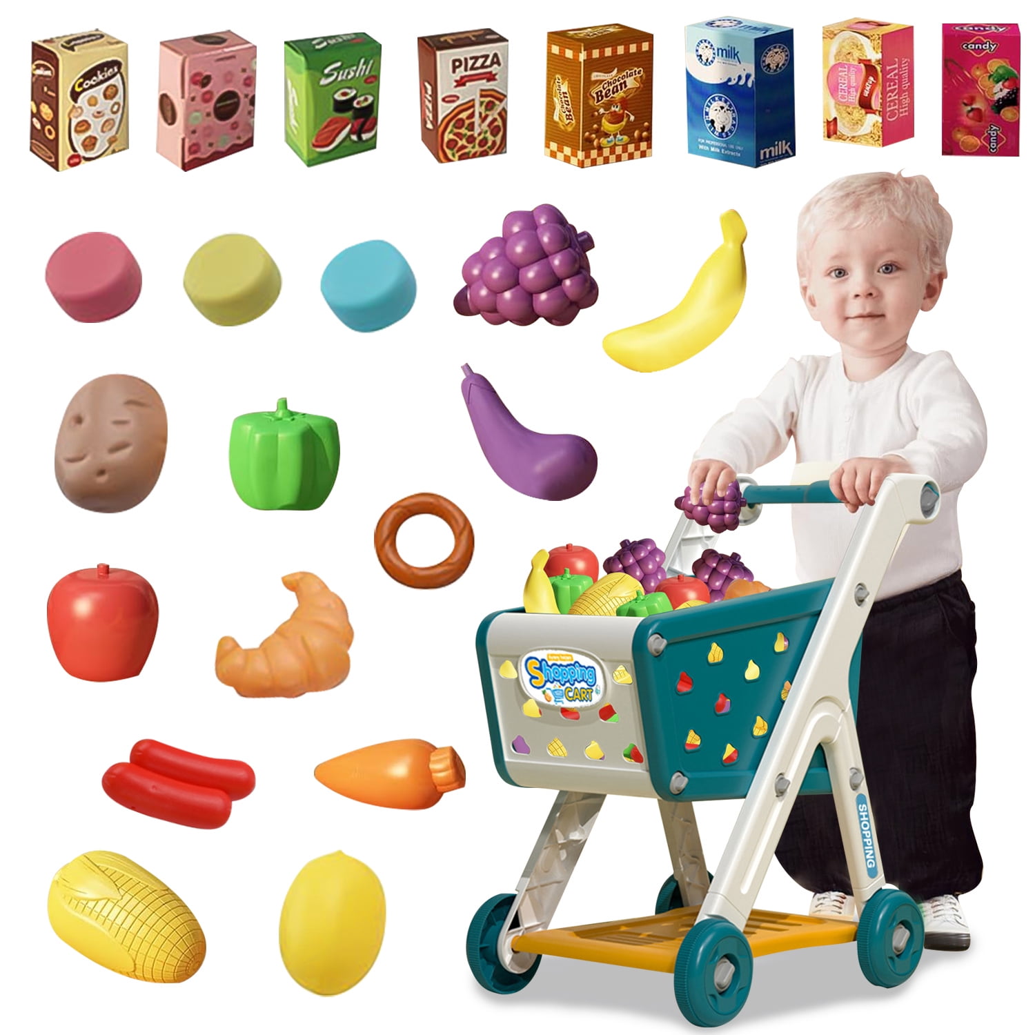 Kids Shopping Carts Toys, Trolley Play Set with Pretend Food and Accessories, Toys for Toddlers Ages 3 4 5 Years Old Boys Girls Gifts (Blue)
