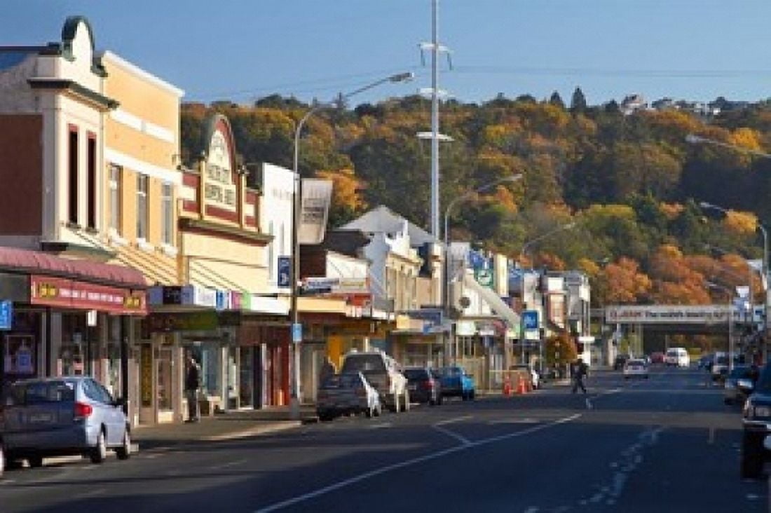 Shops on King Edward Street Autumn Dunedin South Island New Zealand Canvas Art - David Wall DanitaDelimont (36 x 24)