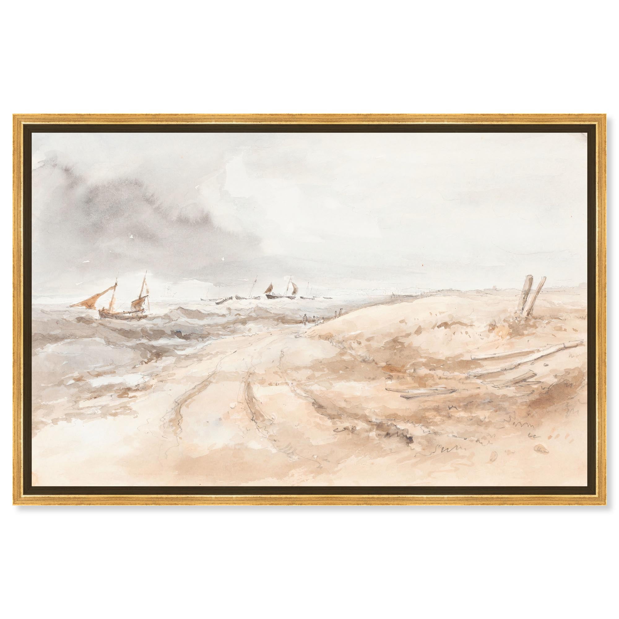 Coastal Scene with Boats on Canvas in Gold Frame, 24" x 16"