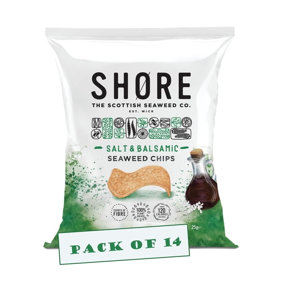 Shore Seaweed Chips - Salt & Balsamic 14 x 25g bags, Vegan crisps, Lower in calories, Plant-based, High in Fibre