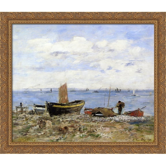 Shore at Sainte-Adresse, Low Tide 32x28 Large Gold Ornate Wood Framed Canvas Art by Eugene Boudin