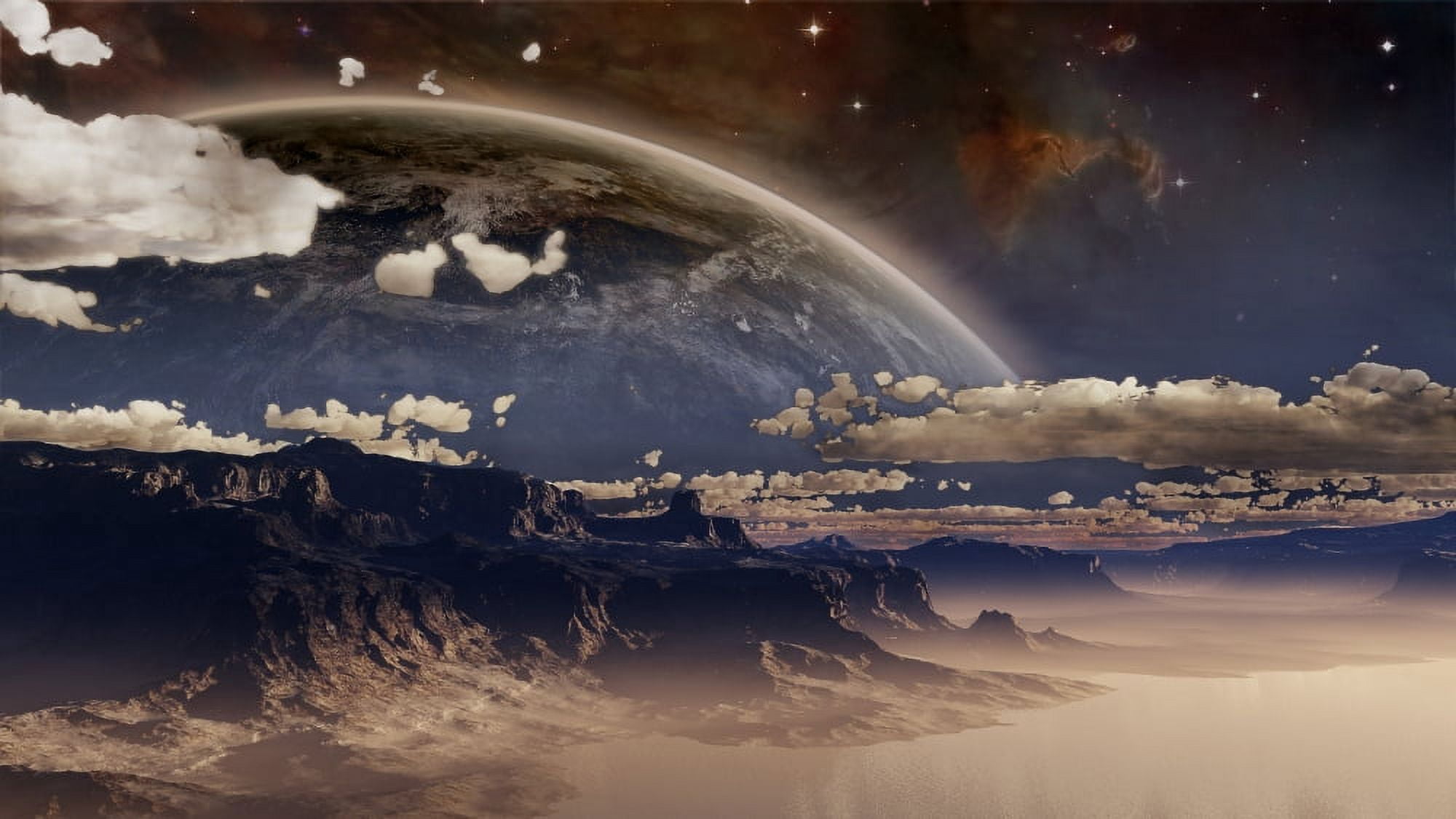 Shore in mist on an extraterrestrial world Canvas Art - Frieso HoevelkampStocktrek Images (38 x 21)
