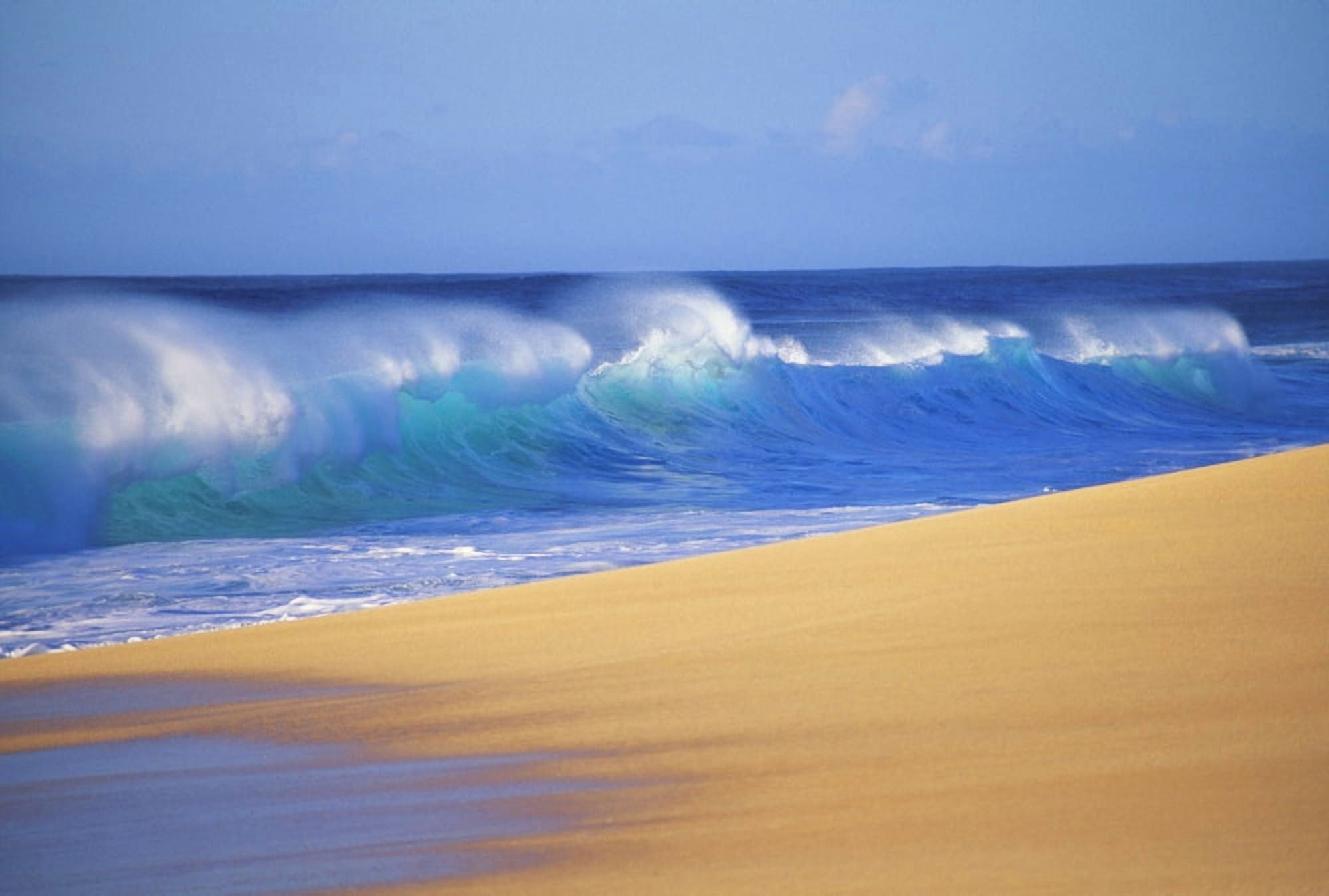 Shorebreak Waves Along Sandy Beach Blue Sky Canvas Art - Liysa Swart Design Pics (40 x 28)