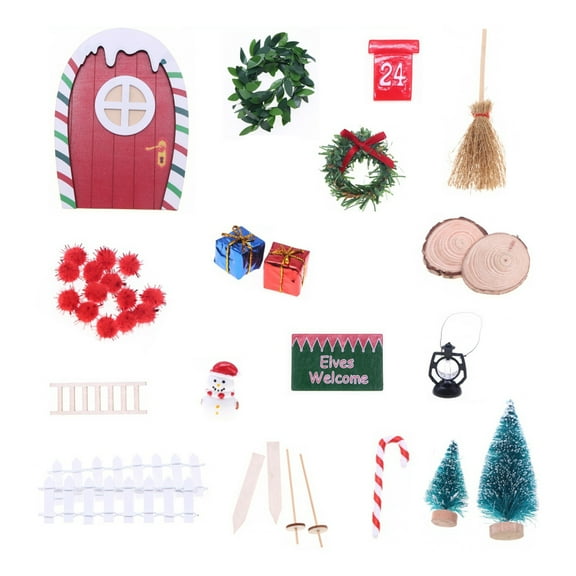 Shoreew 1 Set Christmas Mini Elf Door Decoration Wooden Fairy Garden Tiny Gnome Door Figurine Statue Miniature Xmas Scene Model Ornament
