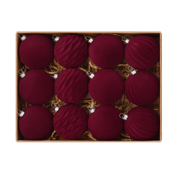 Shoreew 12 Pcs Velvet Christmas Balls Flocking Balls Christmas Tree Ornament Shatterproof Plastic Hanging Baubles Decoration for Xmas Tree Party Home Holiday Decor