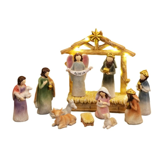 Shoreew 12Pcs LED Nativity Scene Set Resin Christmas Manger Angel Figurines with Star Light Holiday Tabletop Decor for Home Church